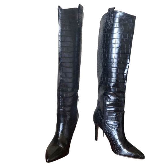 Shu Shop Black Croc Fitted Over-Knee Pointed Heeled Boots Women's Size 9 - Picture 3 of 17